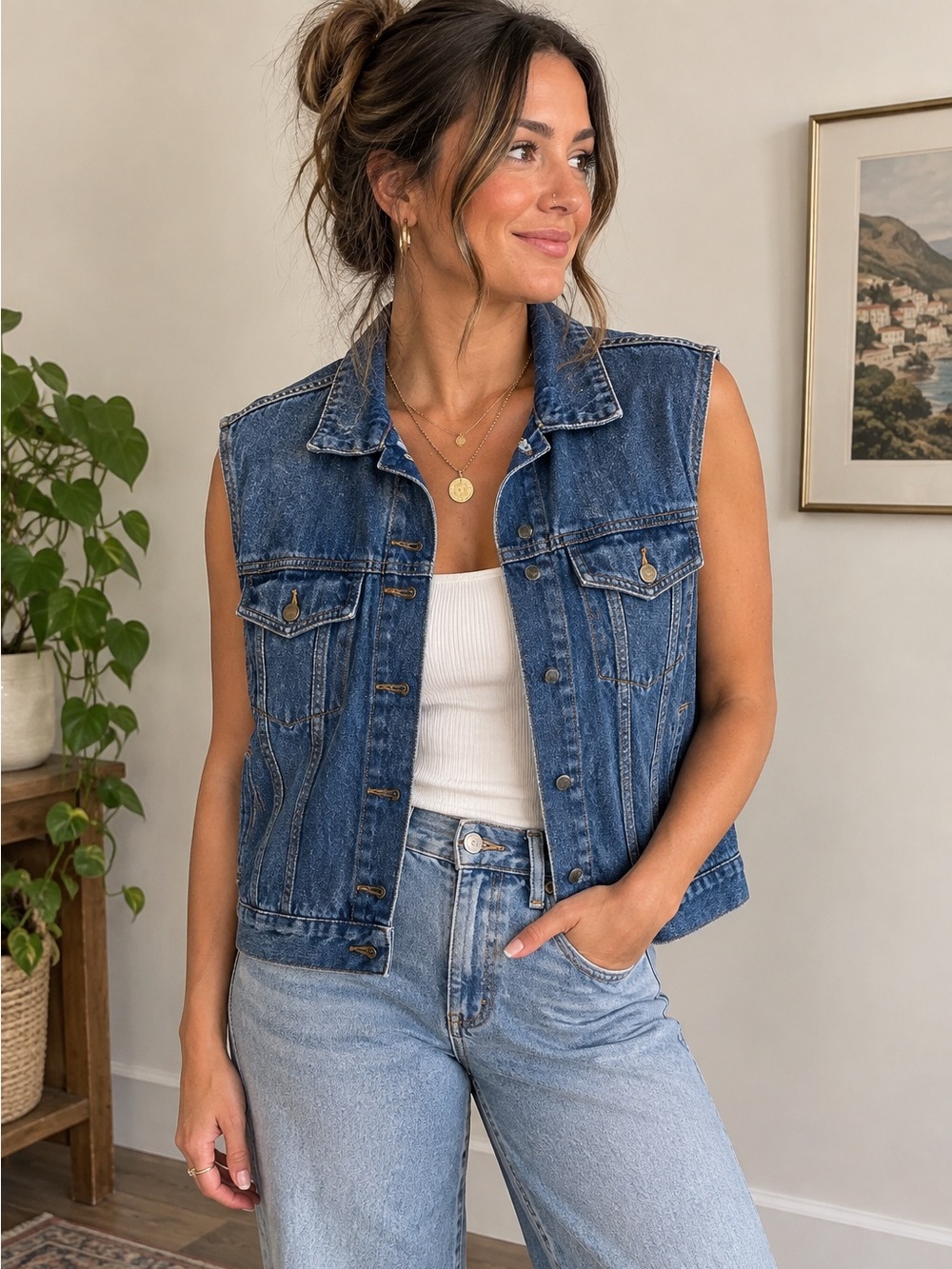 O.O.T.B. Denim Vest with Plaid Lining - Blue